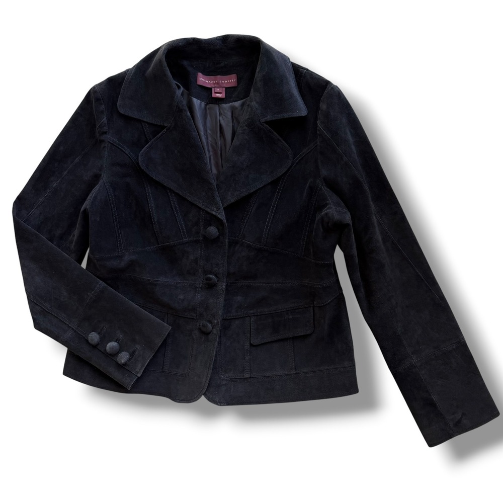 Margaret Godfrey Women's 14 Black Genuine Suede Leather Blazer Jacket 10272 Y2K